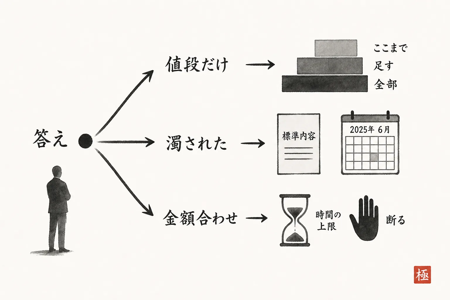 答えの3パターンごとの見積の出し方を示す分岐図