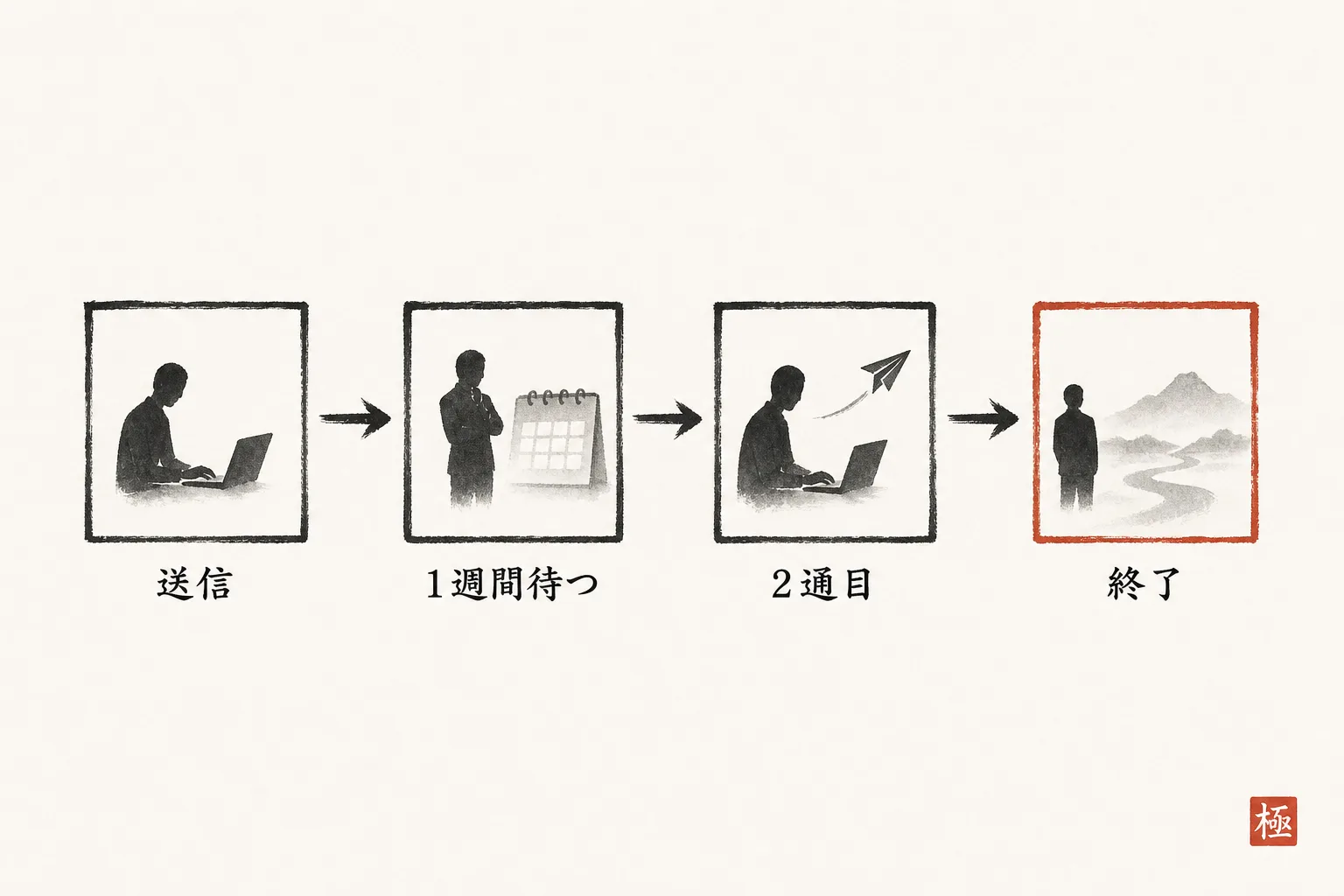 返事がない場合の1週間待機から2通目送信、引き際までの流れを示す図