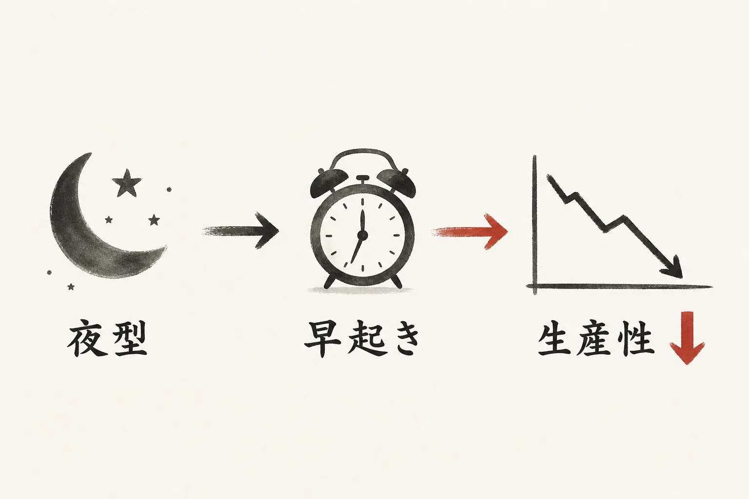 夜型の人が無理に早起きすると生産性が下がる因果を示した図