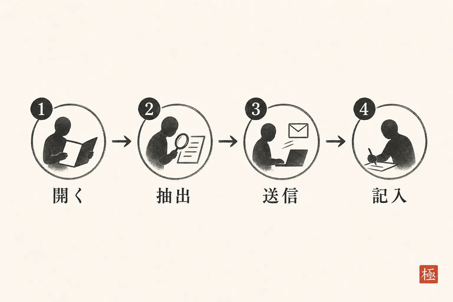 台帳を開いてから連絡を送るまでの4ステップを示す手順図