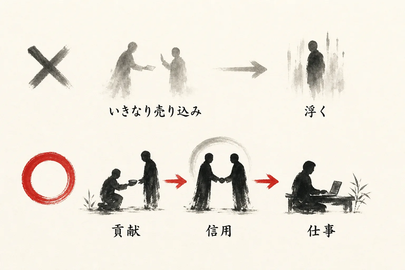 売り込み先行は失敗、貢献から始める順番の◯×図
