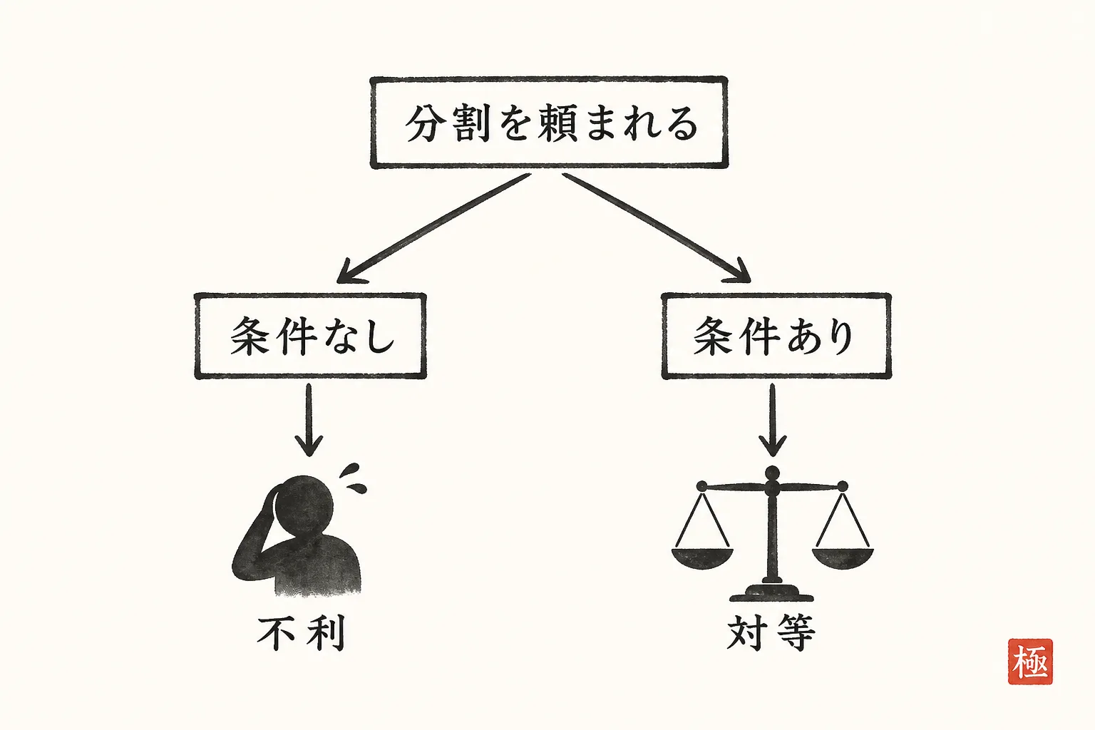 条件を置かず受けた場合と置いた場合の結末を対比する分岐図