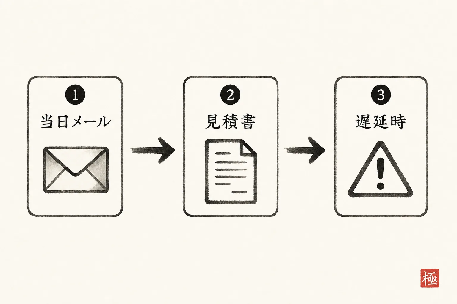 口約束を書面化するまでの流れを示す3ステップの横タイムライン図