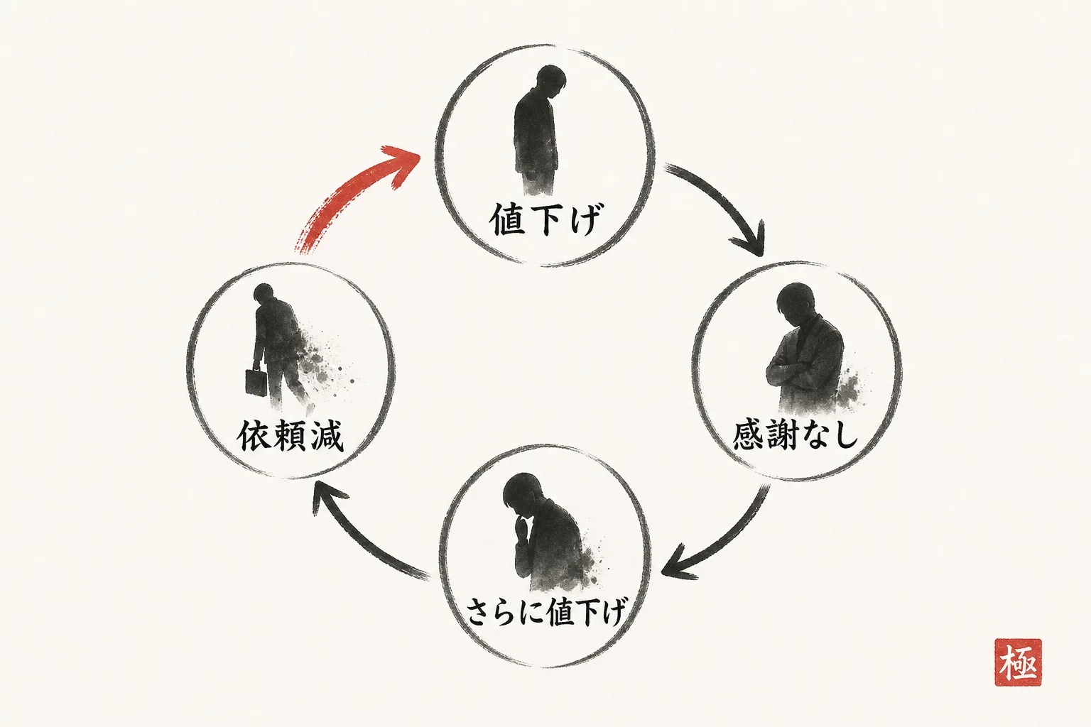 値下げが感謝されず依頼減につながる悪循環を示す円環図
