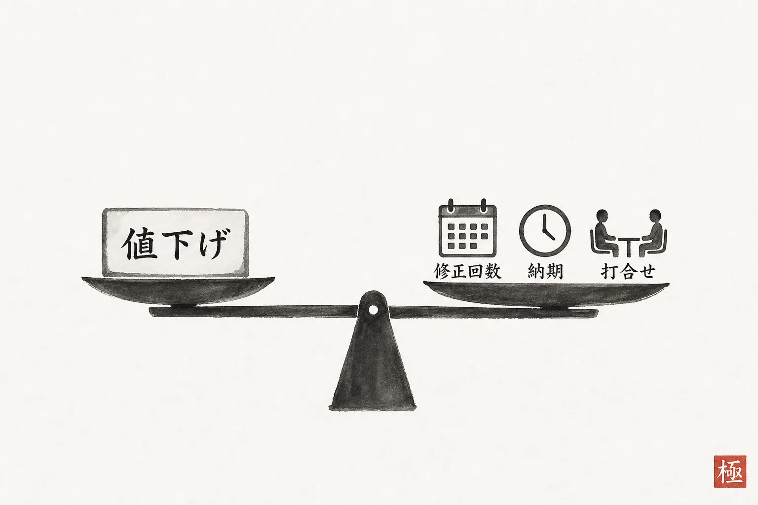 値下げと引き換えに何か一つを外す天秤(トレードオフ)の図