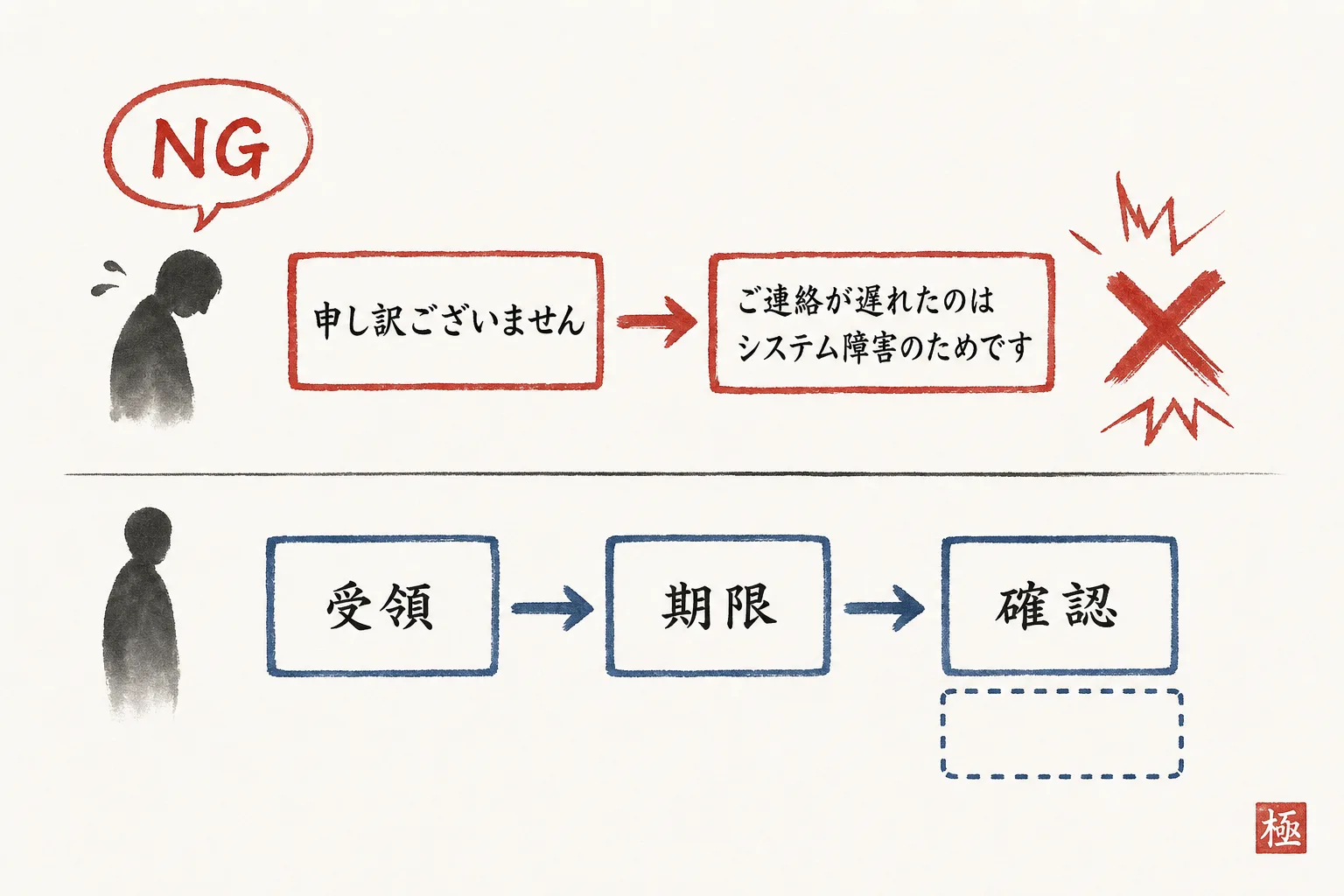 NG文とOK構成の比較、謝罪と事実確認を分ける手順図