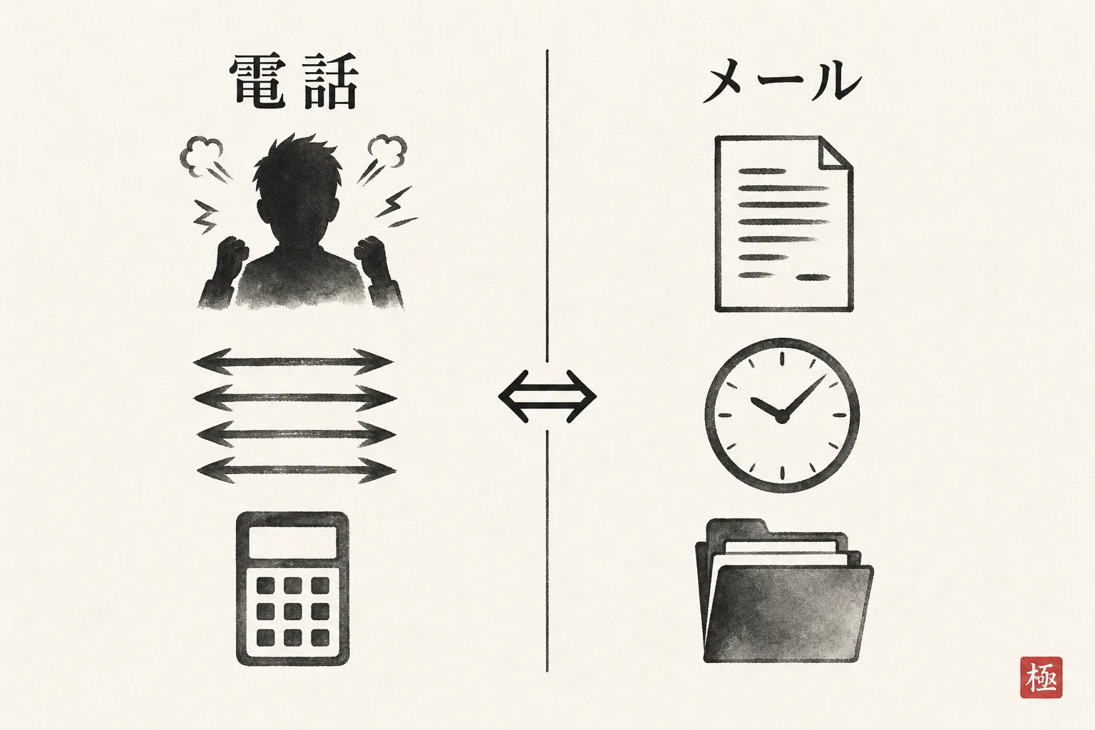 電話向きの場面とメール向きの場面をアイコンで対比した図