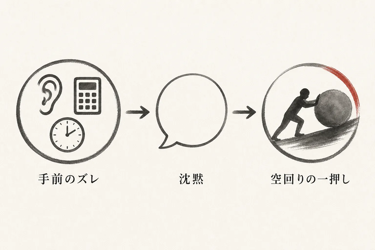 手前のズレが沈黙と空回りの一押しに至る因果関係を示す図