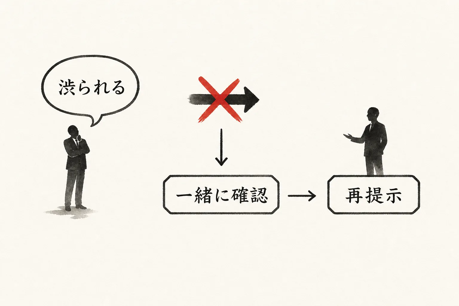 渋られた場面で押し込まず一緒に確認する対応手順の図