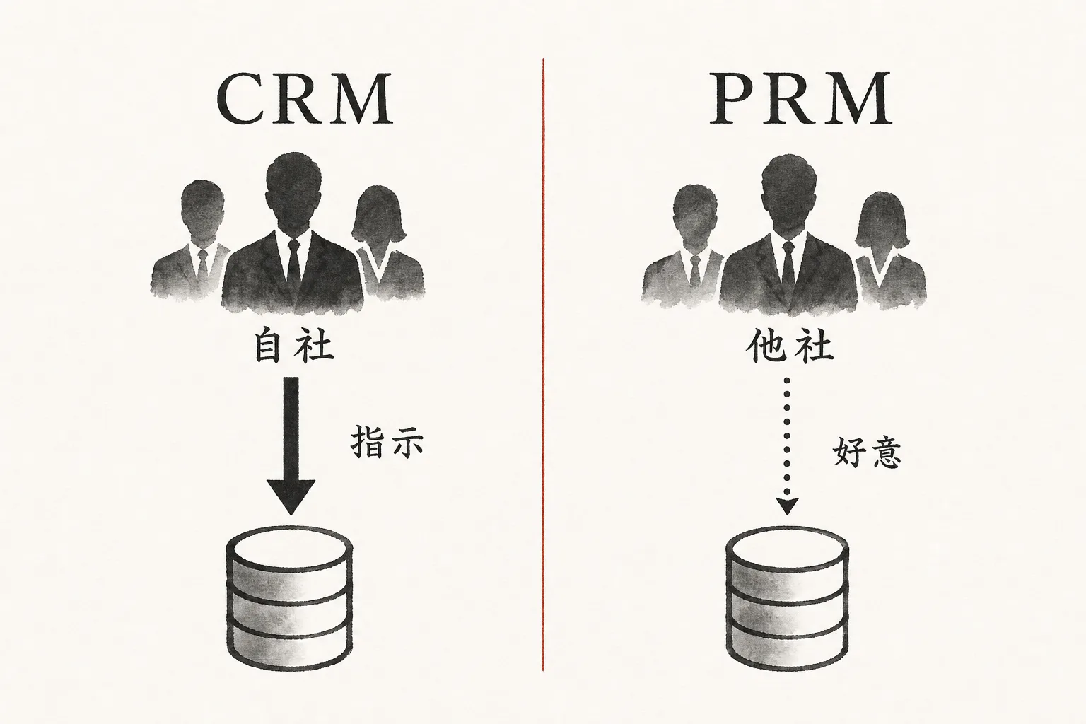 CRMは自社社員が指示で入力、PRMは他社社員の好意頼みという違いの図