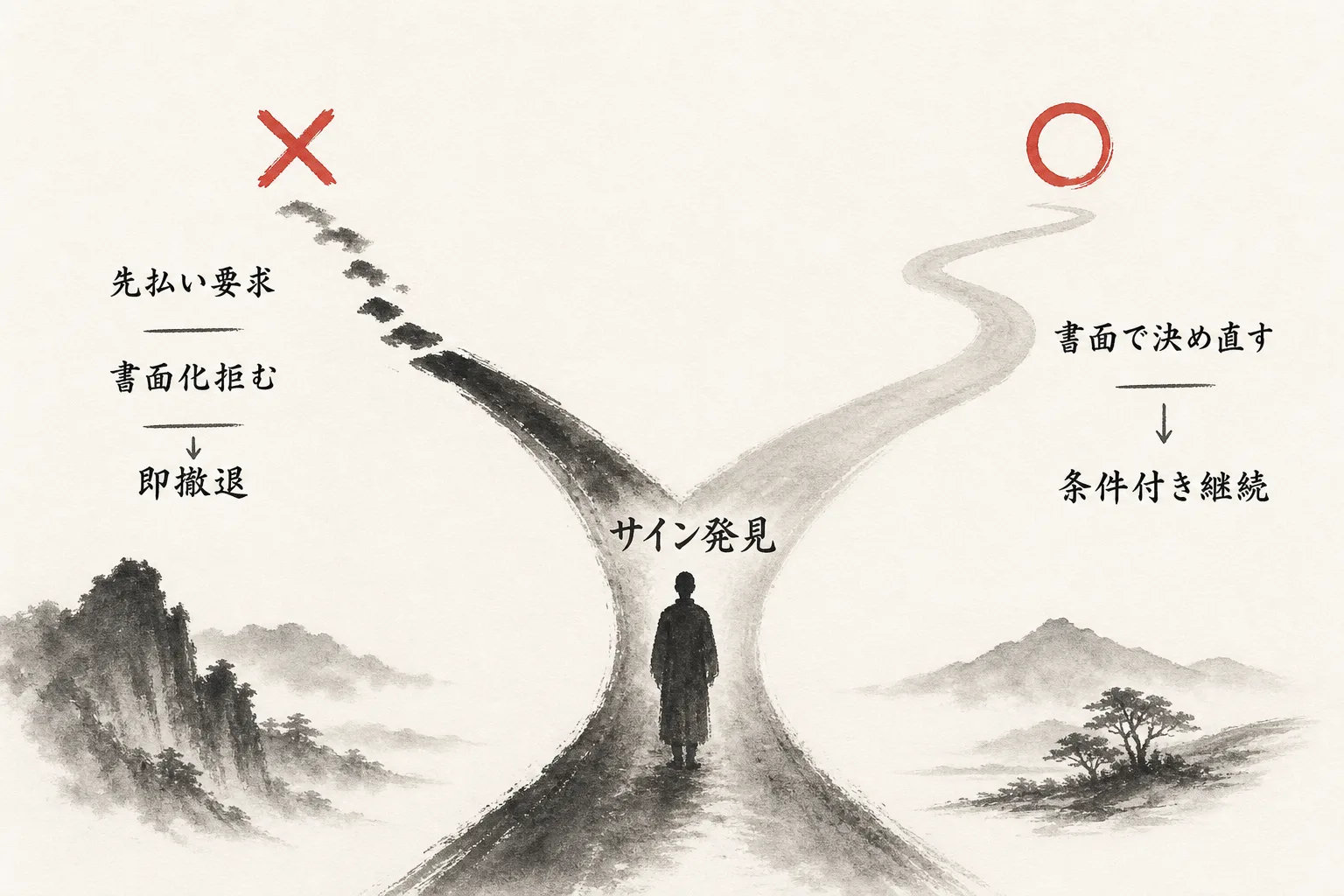 即撤退と条件付き継続の分岐図