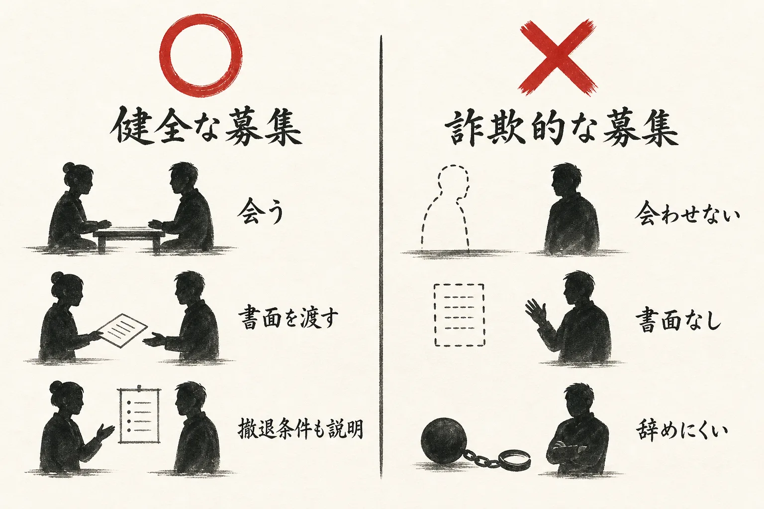 健全な募集と詐欺的な募集の比較図