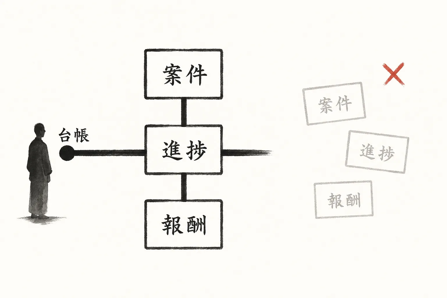 案件・進捗・報酬の3層を1本の台帳が貫いてつなぐ構造図