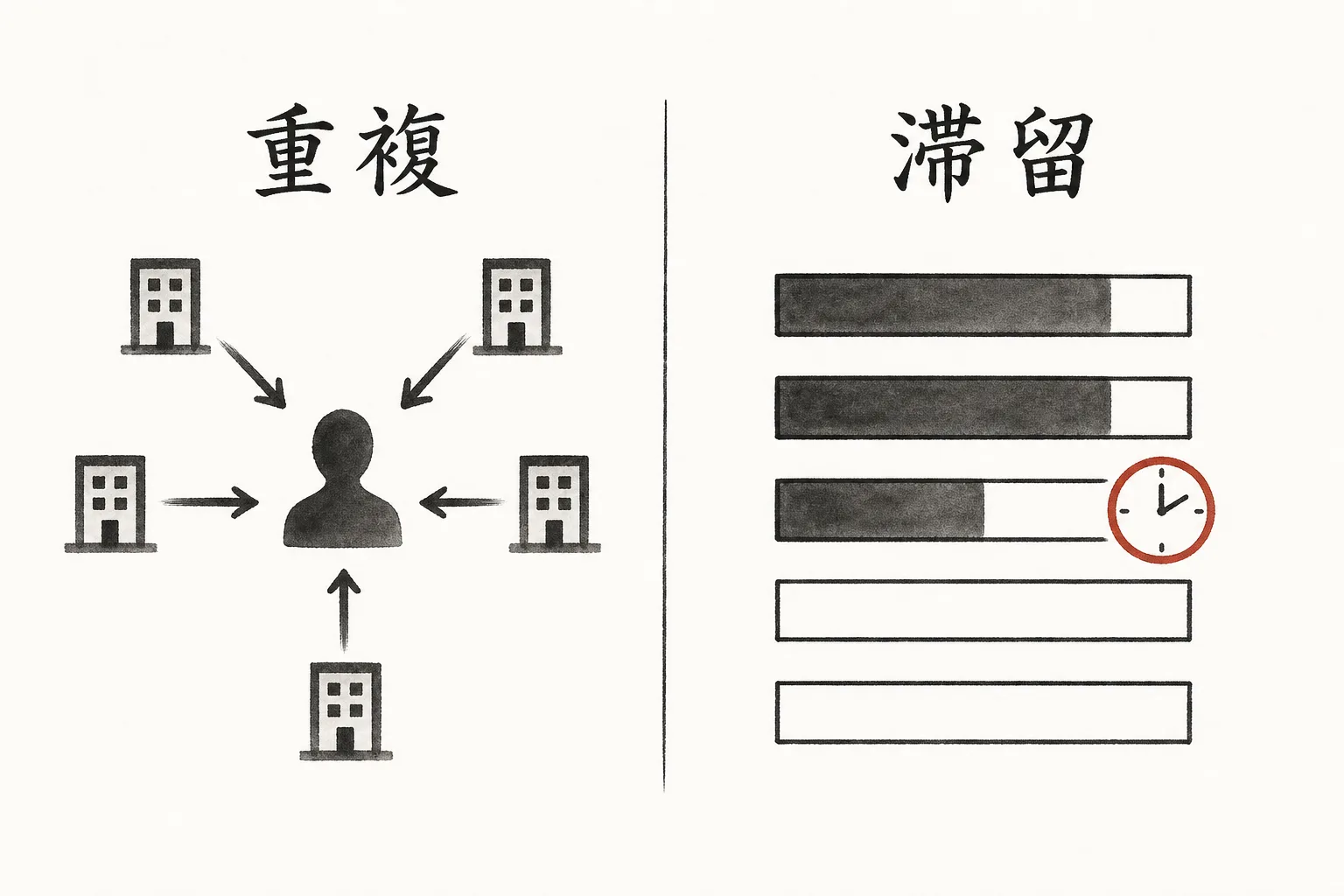 重複と滞留という2つの事故を対で示したイメージ図