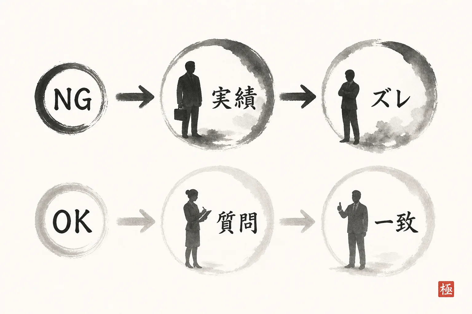実績を先に見せる進め方と質問から入る進め方の違いを比較した図