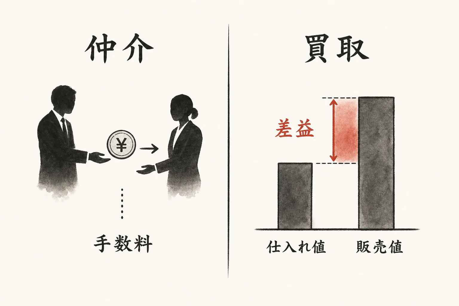仲介は手数料、買取は差益という収益構造の違いを示す図