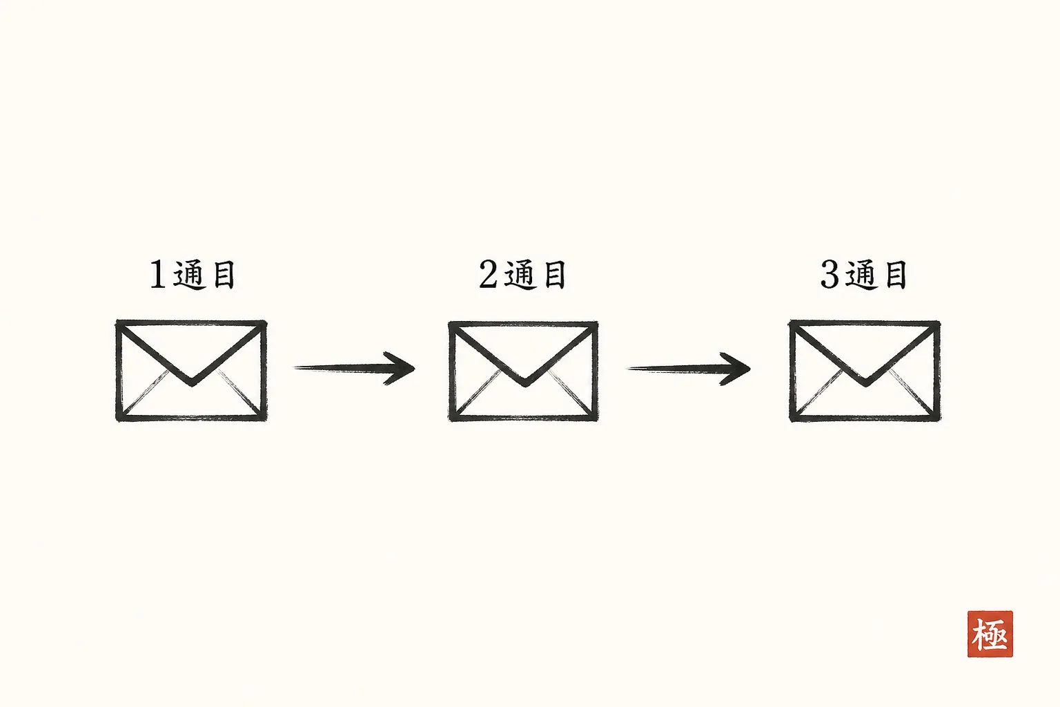 返事がない場合の1通目から3通目までの再送手順を示す図