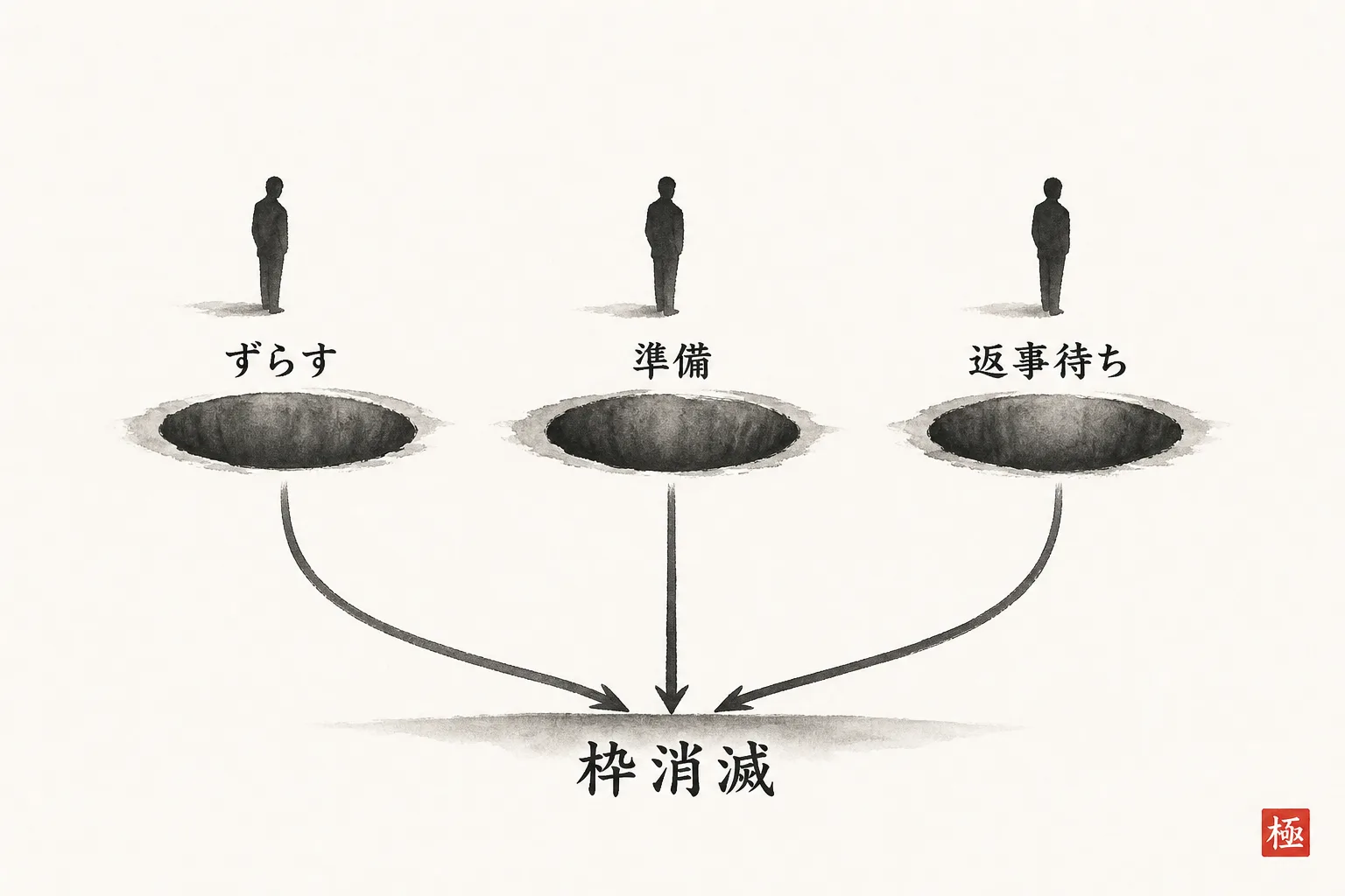 枠が消える3つの落とし穴(ずらす・準備・返事待ち)を示した図解