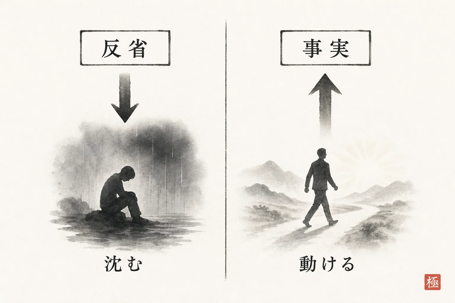 反省と事実、それぞれの先にある結果を対比させる図