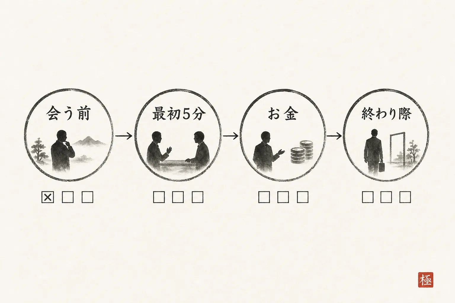 商談の4場面を時間順に並べた流れ図