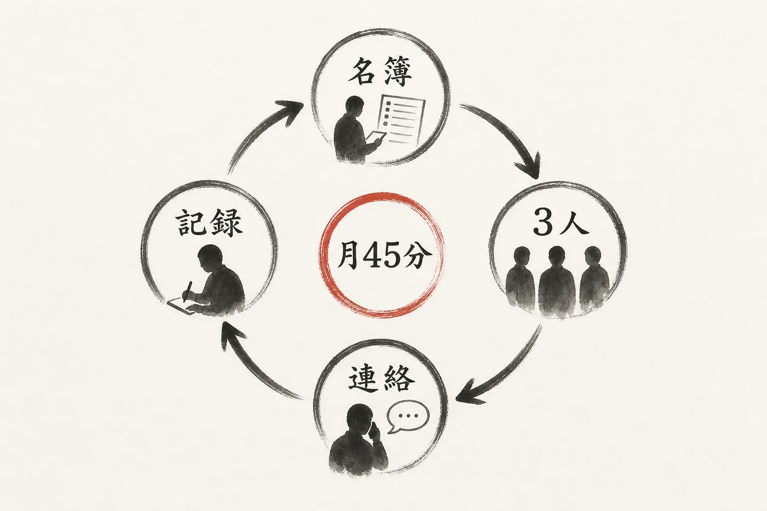 名簿から3人選び連絡し記録する月45分の循環図