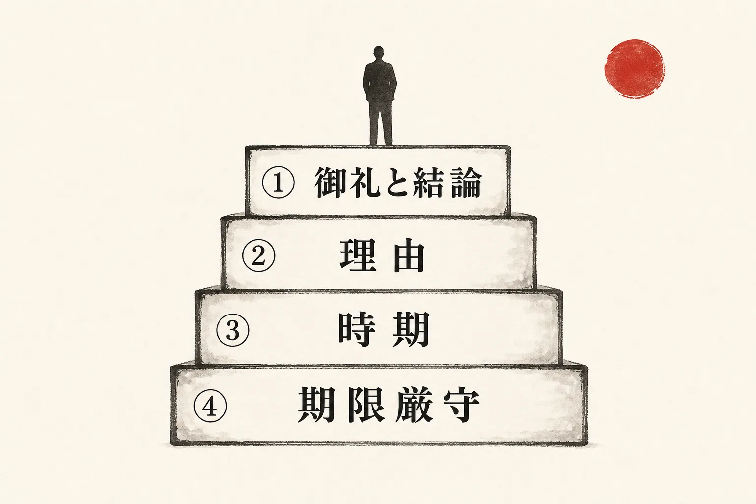 断りメールに必要な4つの要素を積み木状に示した構成図