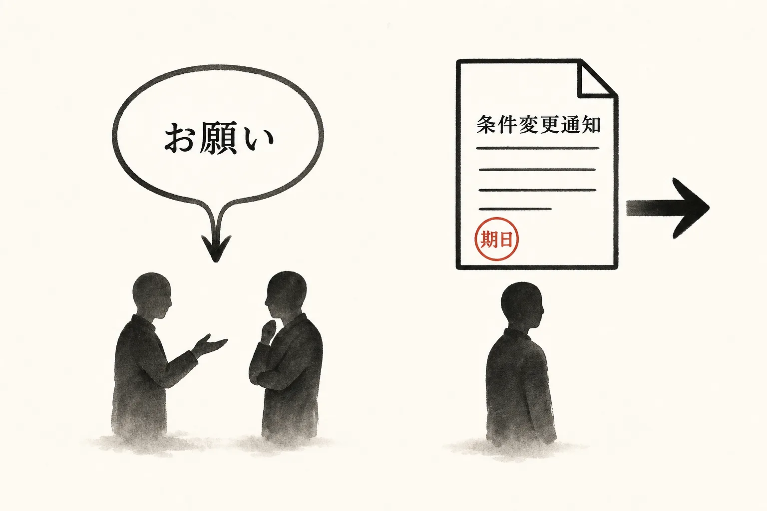 お願い型と条件変更通知型の伝え方の違いを対比させる図解