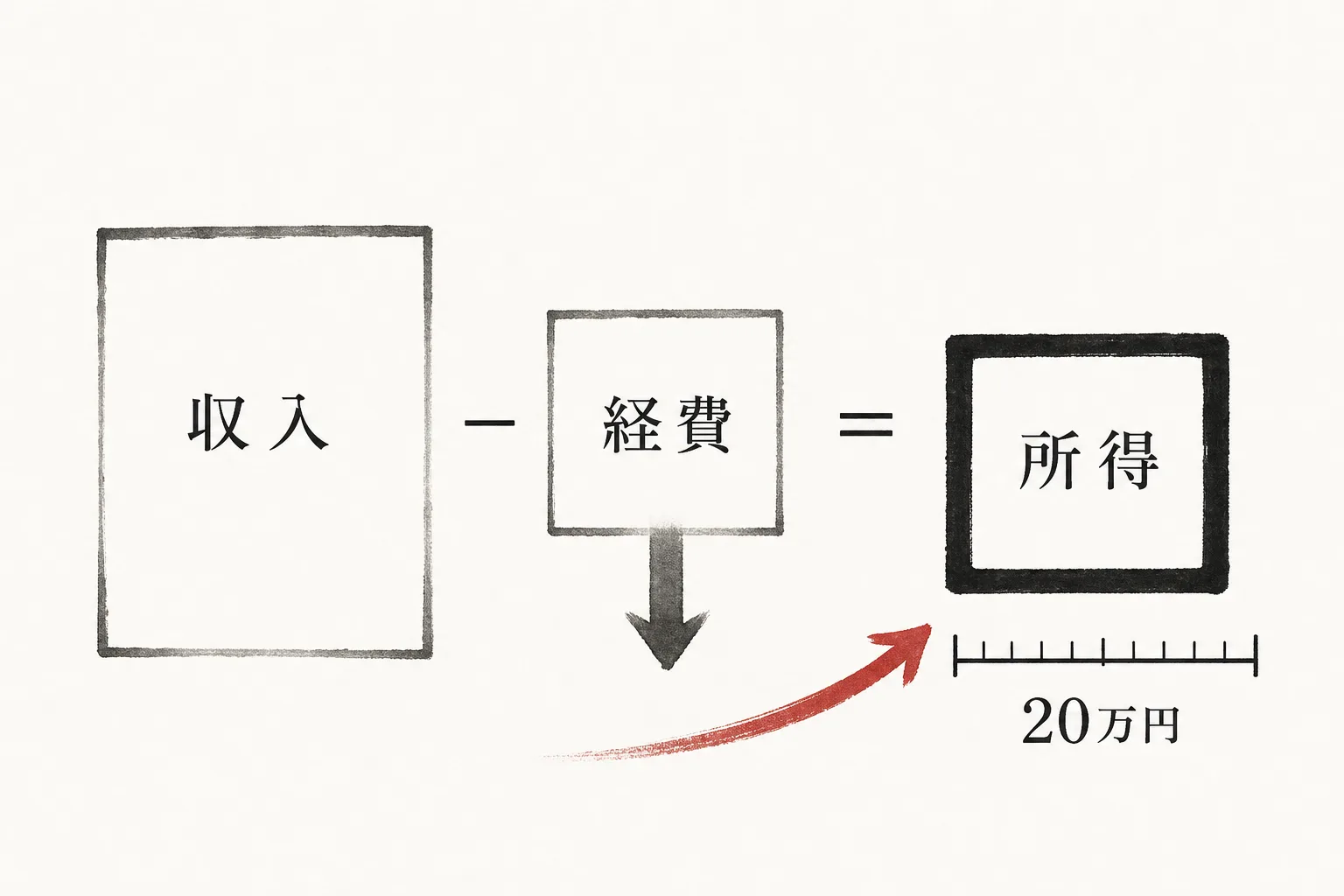 20万円の基準は収入ではなく経費を引いた後の所得を指すことを示す図
