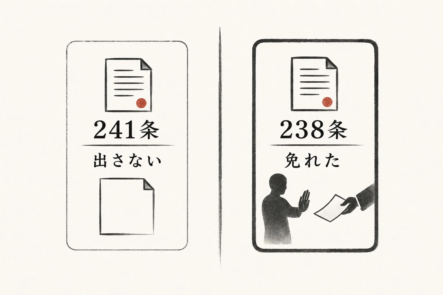 罰則は241条と238条の2つの条文に分かれていることを示す比較図