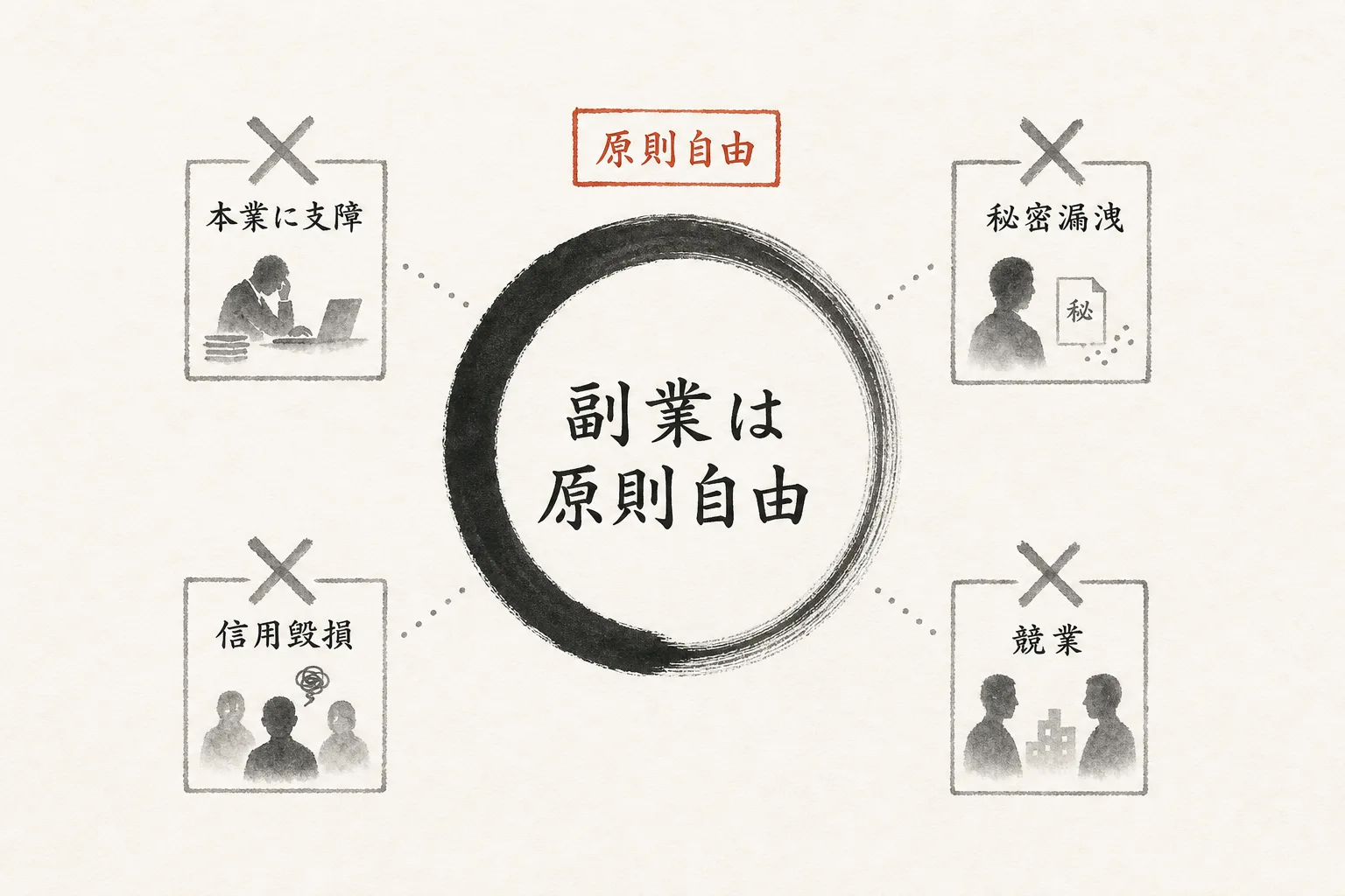 副業は原則自由、例外4つを示す◯×図