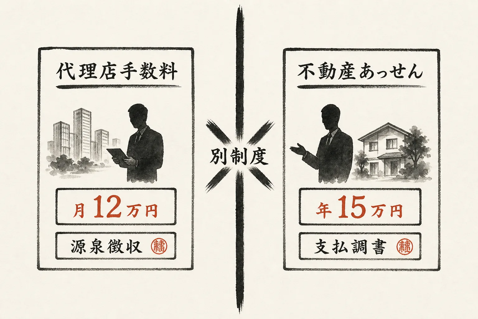 源泉徴収と支払調書の別制度比較図