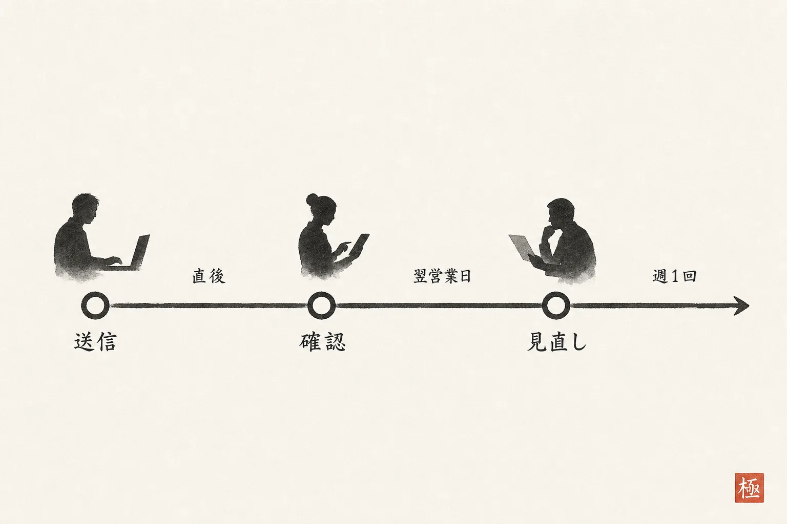 送信後の対応を時系列で示したタイムライン図