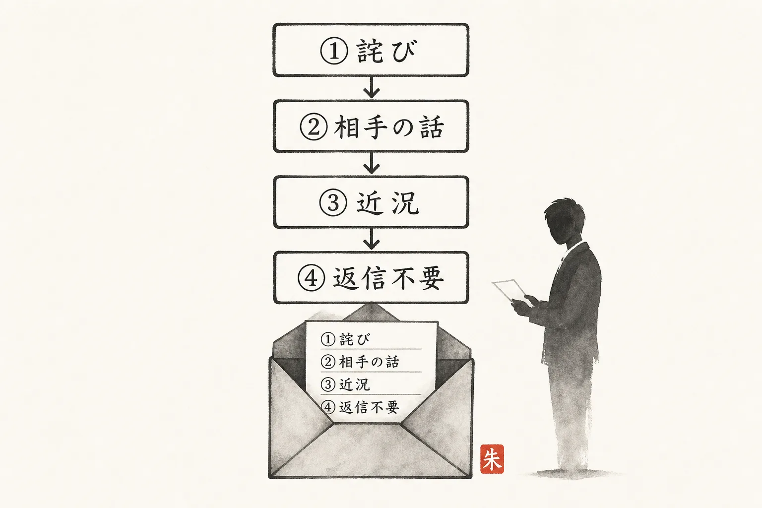 用件ゼロで送れる4行メールの構成を示す図