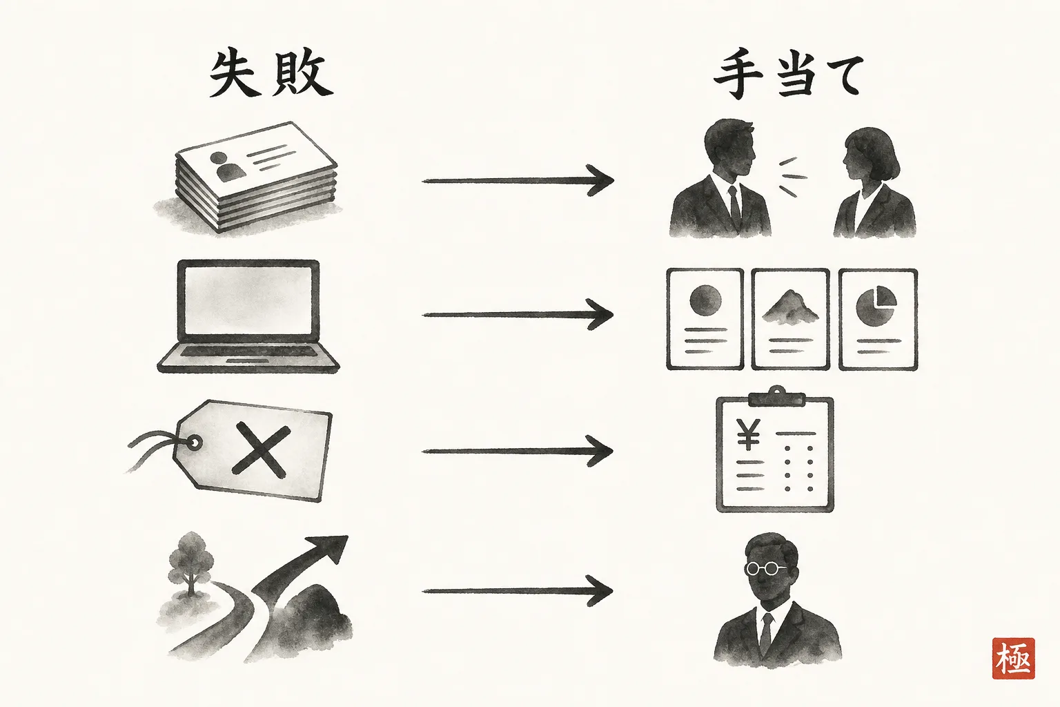 よくある4つの失敗と対応する手当てを対で示す比較図
