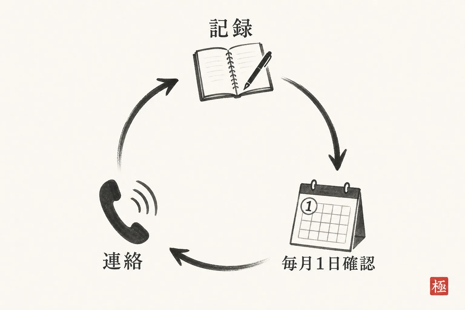 台帳への記録から毎月確認・連絡までの運用サイクルを示す円環図