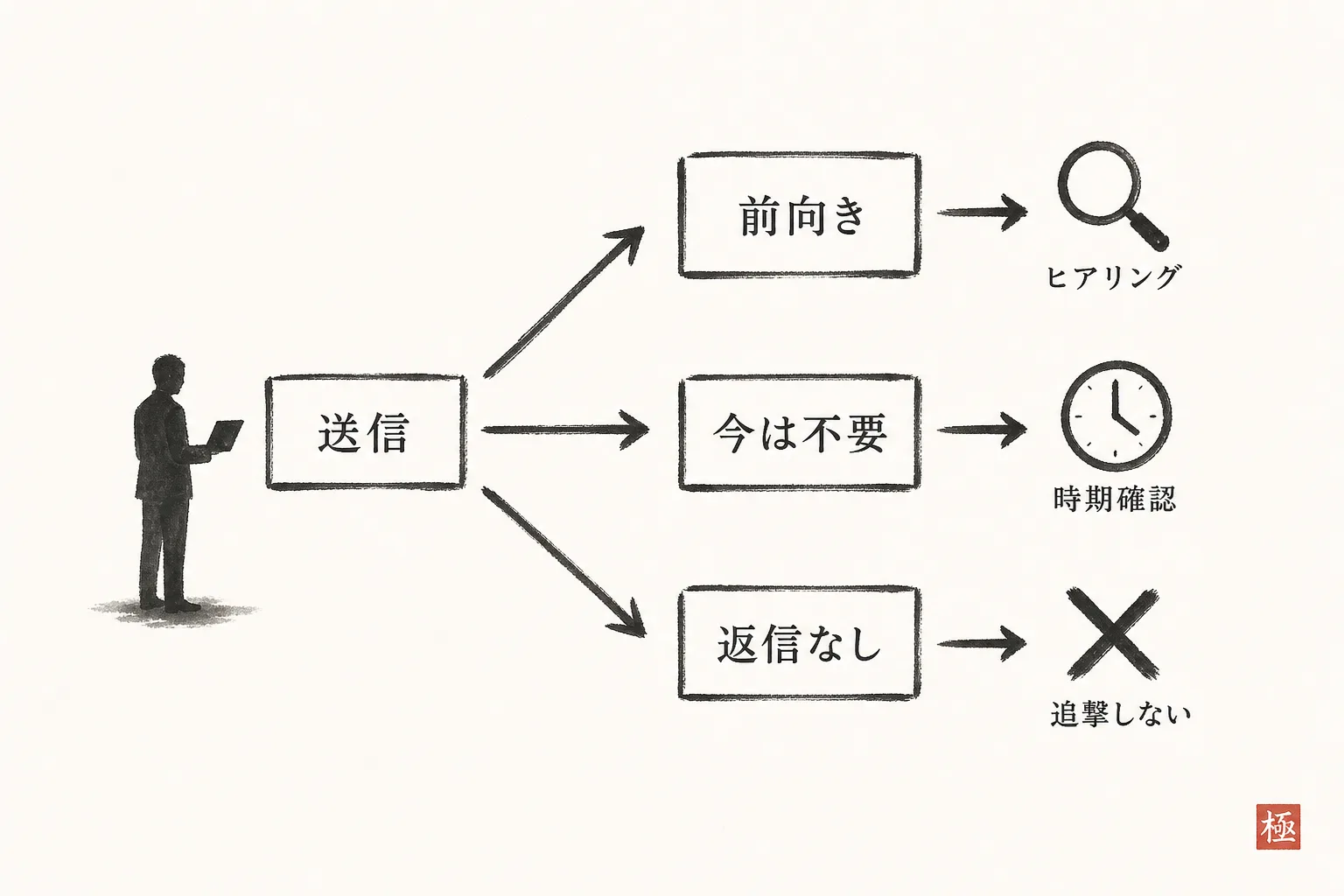 返信3パターンごとの対応を示す分岐フローチャート図