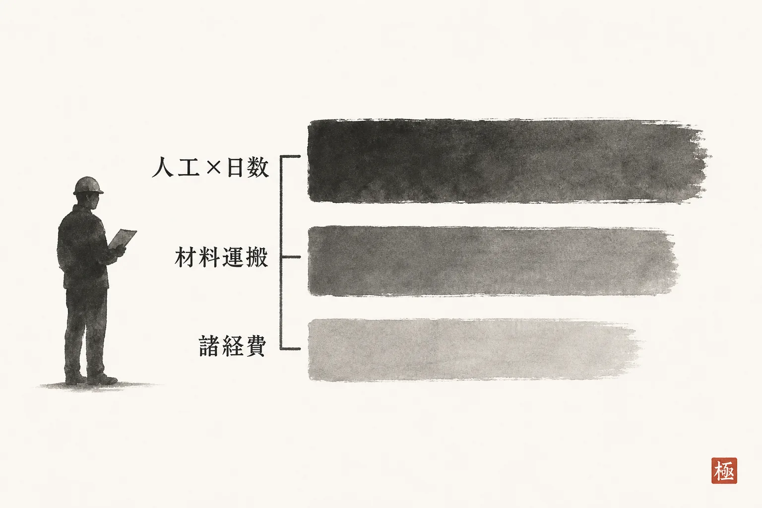 見積を人工・材料・諸経費の3行に分ける構成図