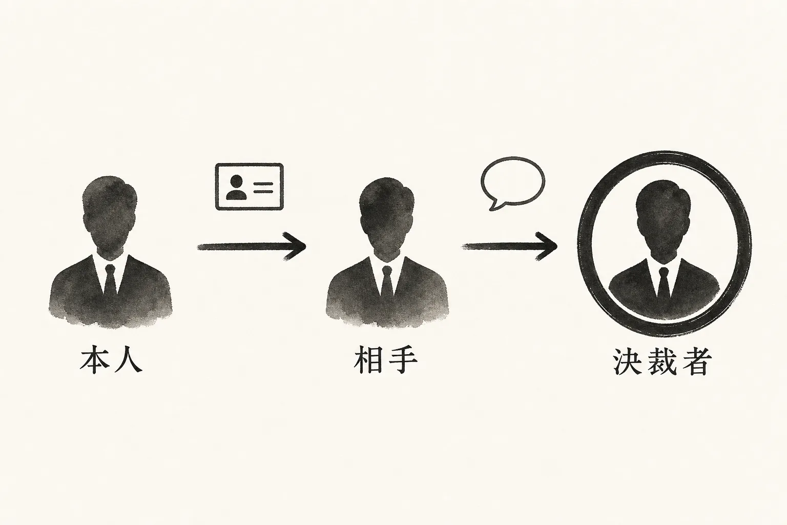 名刺が本人から相手、さらに決裁者へ渡っていく流れを示した図