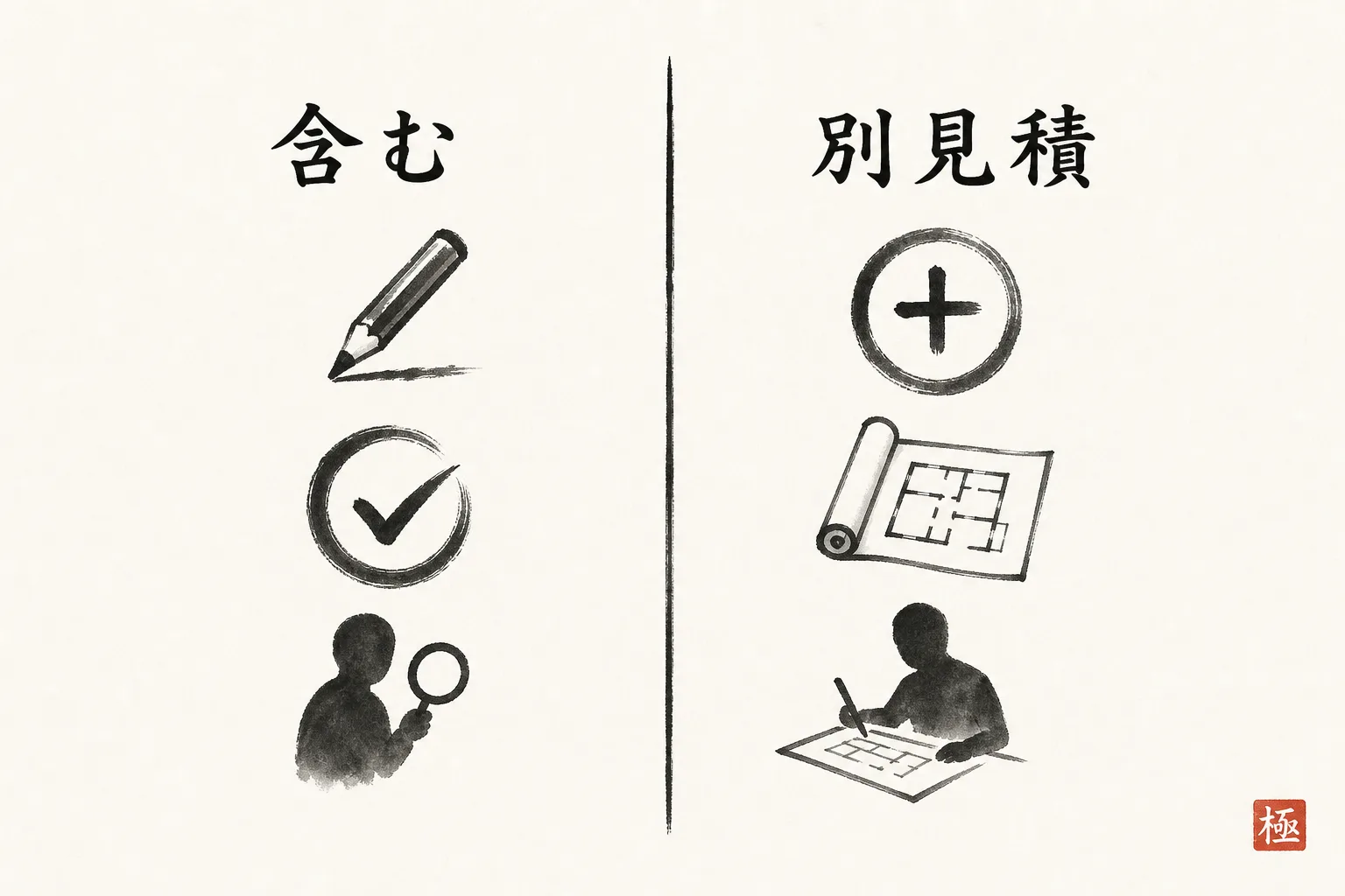 保守に含む作業と別見積の作業を左右に分けた対比図