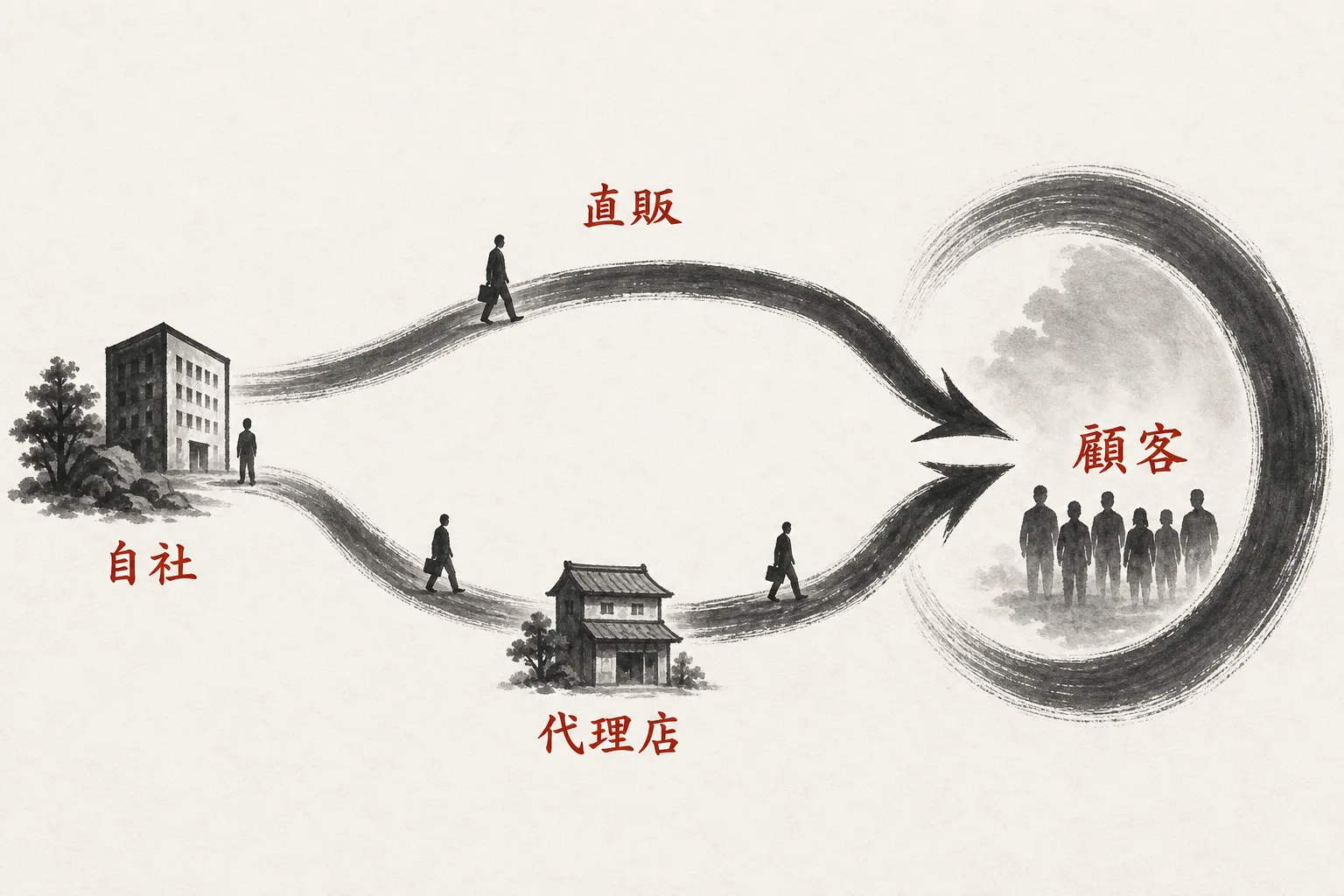 直販と代理店を併用する体制の概念図