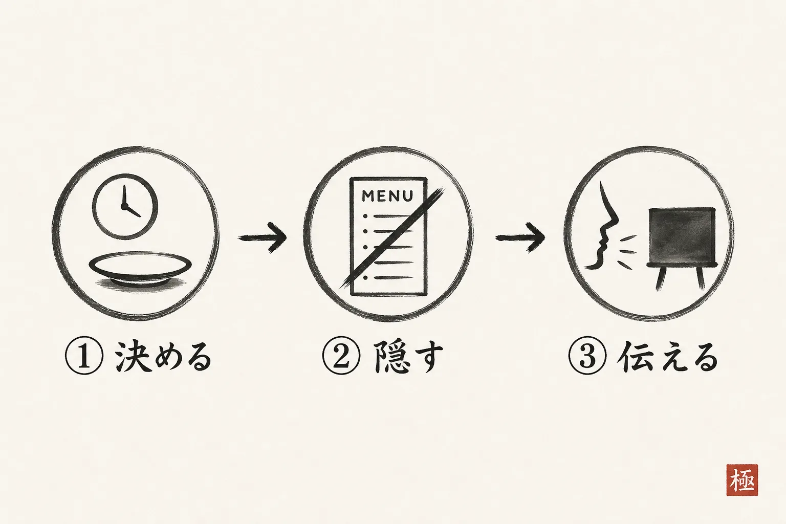 常連が誘いやすくなる一品を作る3つの手順を示す図