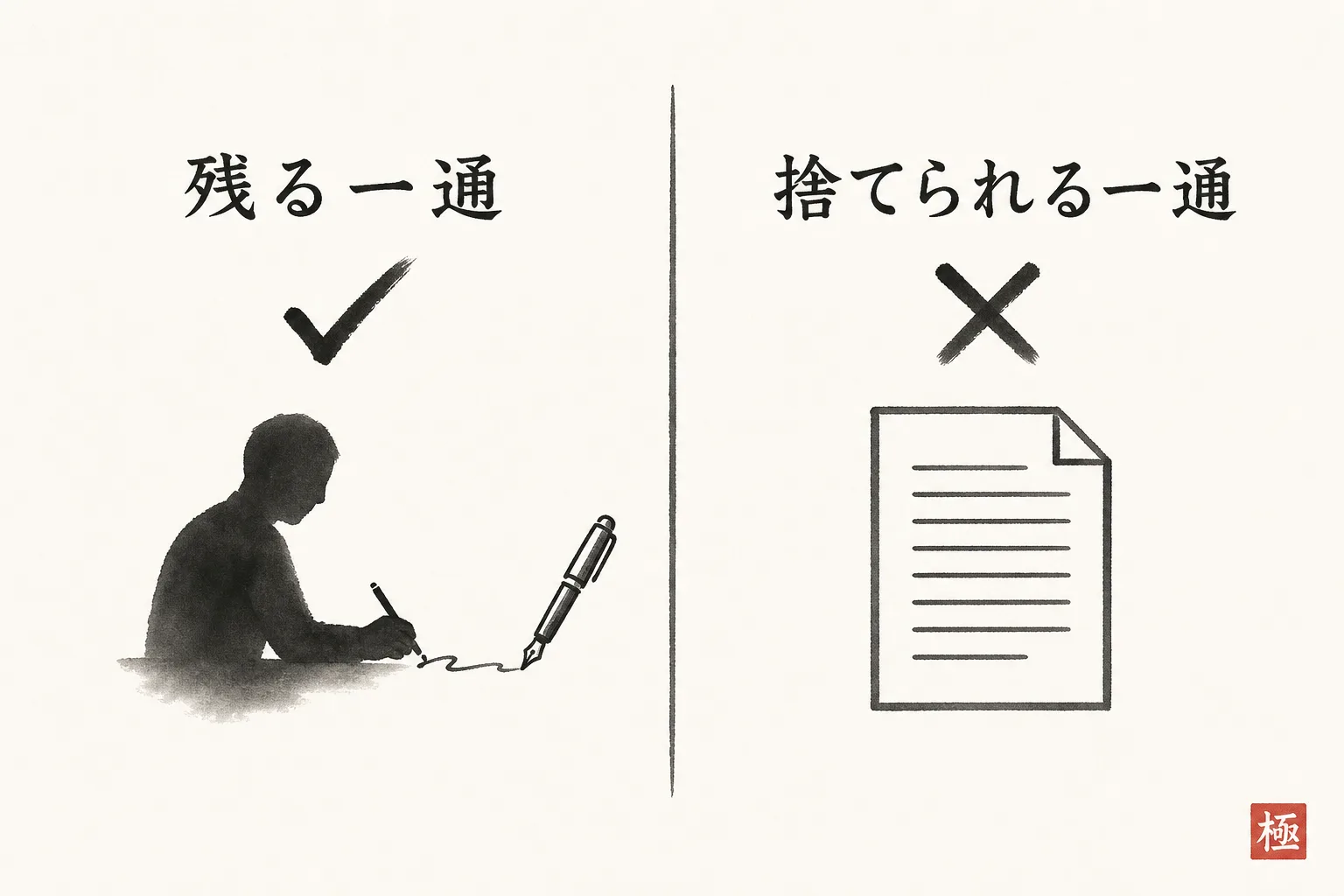 手元に残る一通と捨てられる一通の特徴を左右対比で見せる図