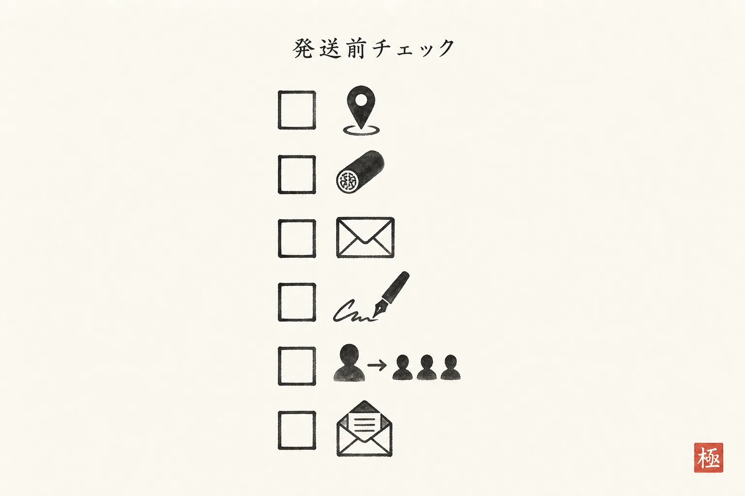 発送前に確認すべき項目をチェックボックス形式で並べた図