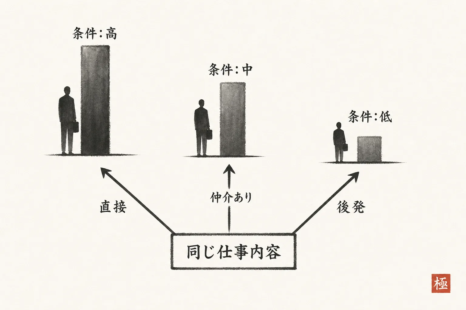 同じ仕事内容でも、声をかけた相手や仲介の有無で条件が変わる仕組みを示す図