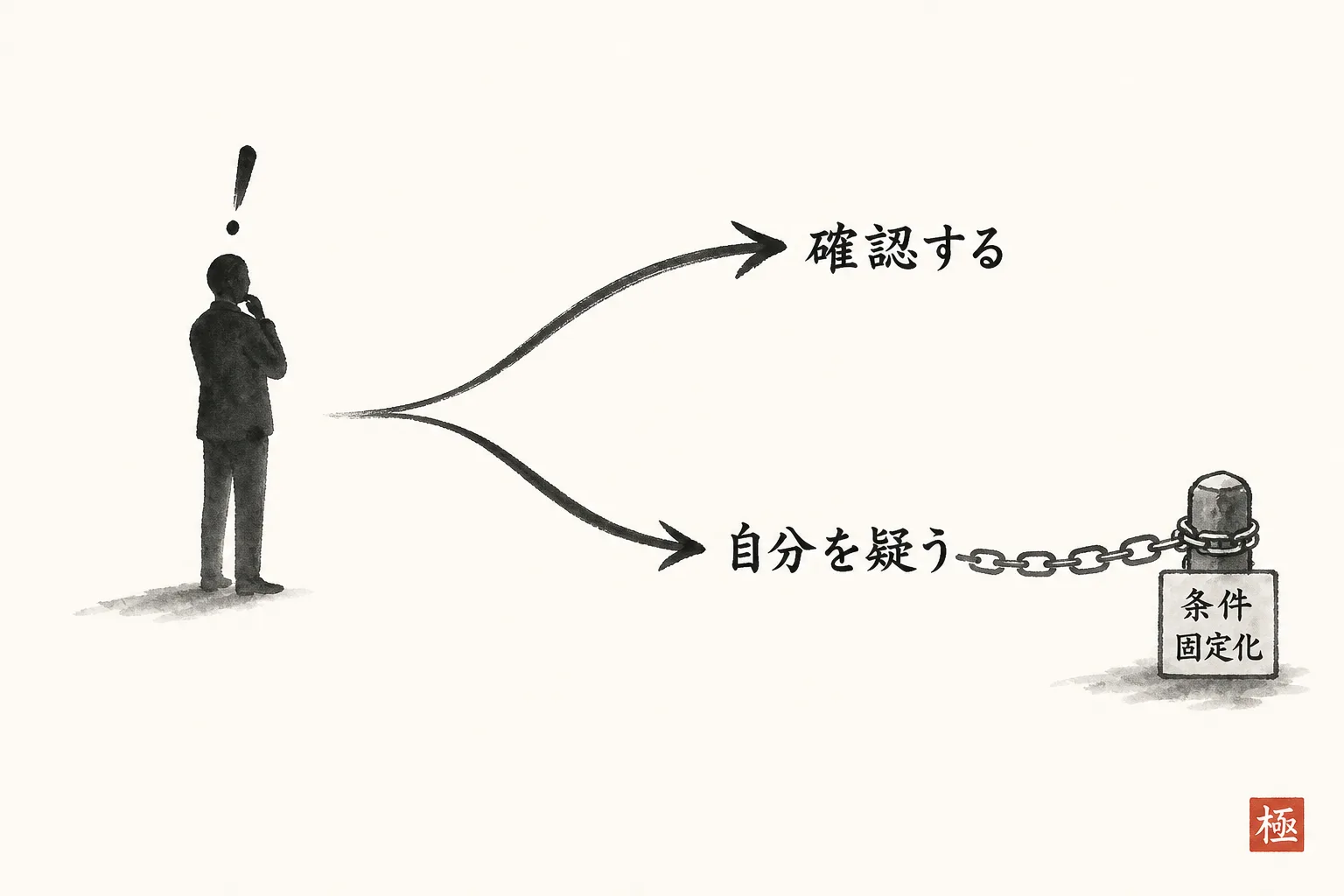 条件のずれを感じた人が「確認する」か「自分を疑う」かに分かれる分岐図