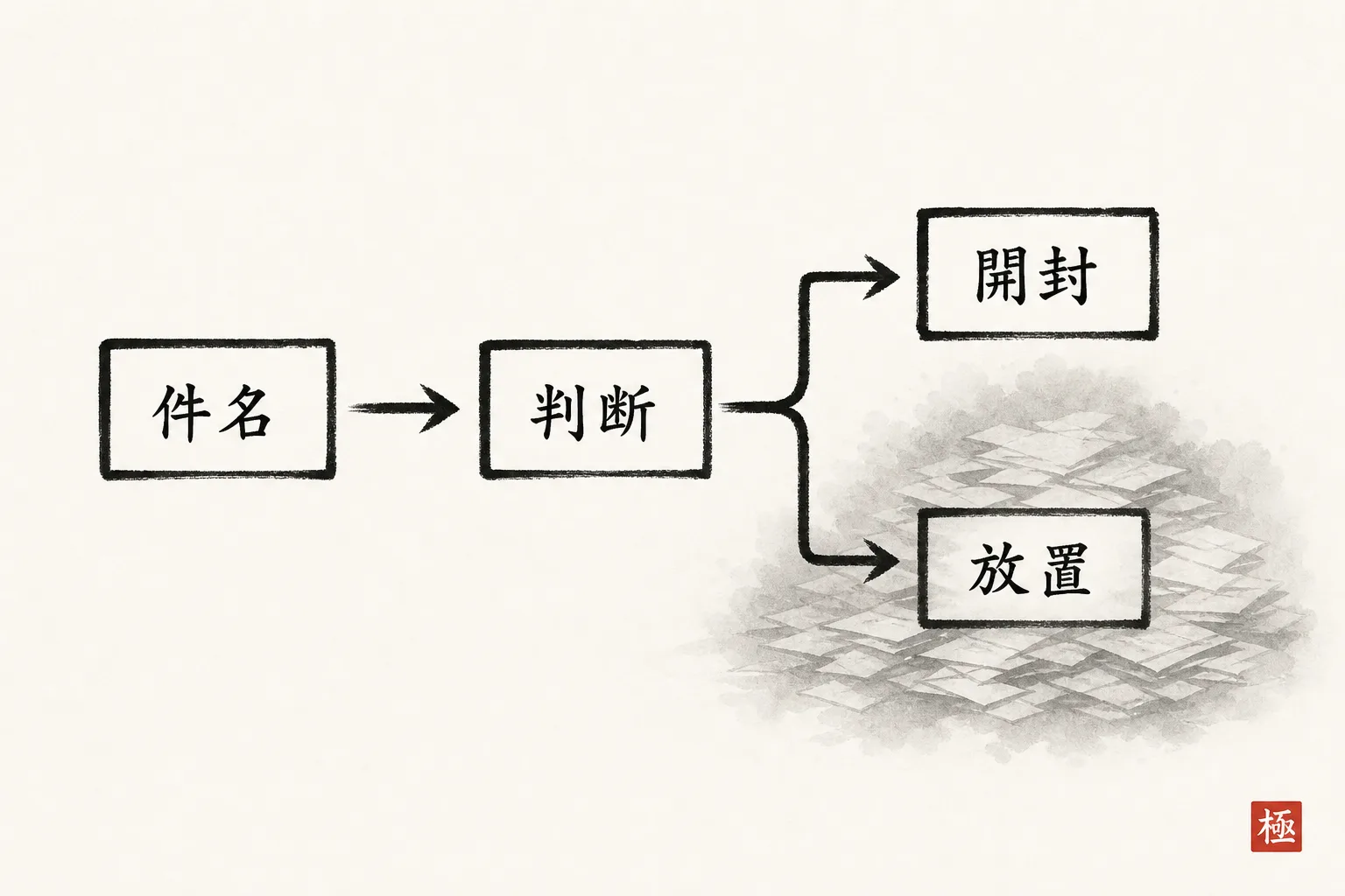 件名だけを見て今読むか後回しかを判断する受信箱の流れを示す図