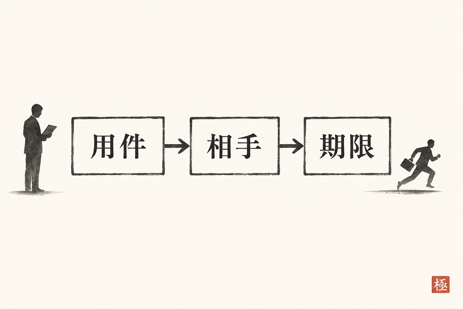 件名は用件・相手・期限の順に並べる公式を示す帯状の図
