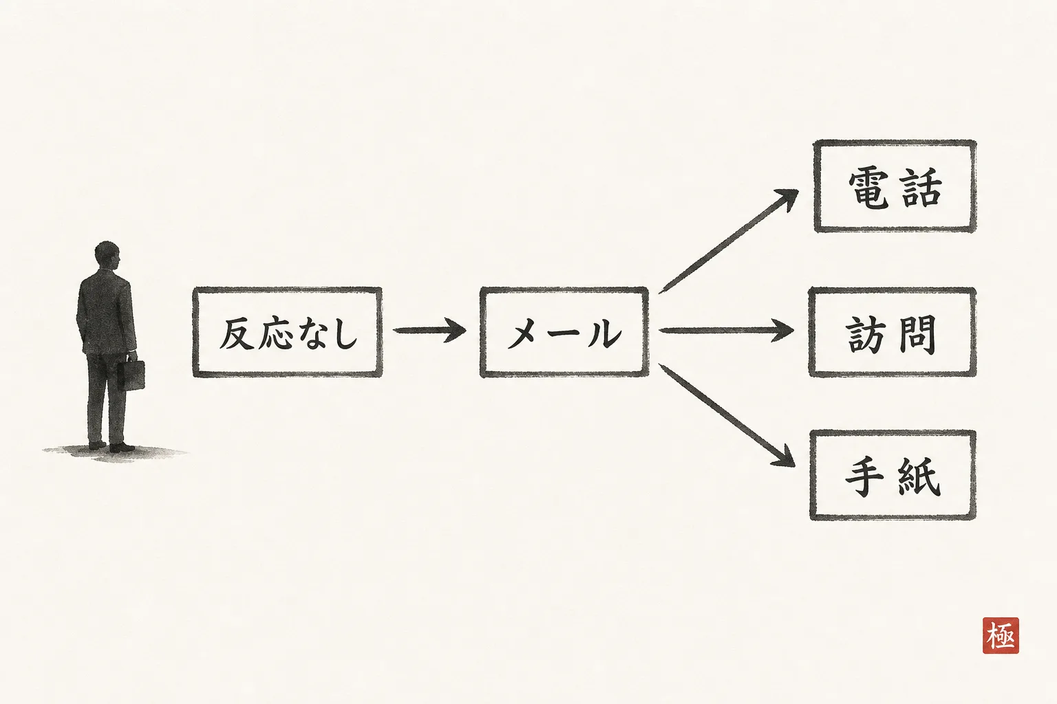 反応なしが続いたらメールから電話・訪問・手紙へ切り替える図