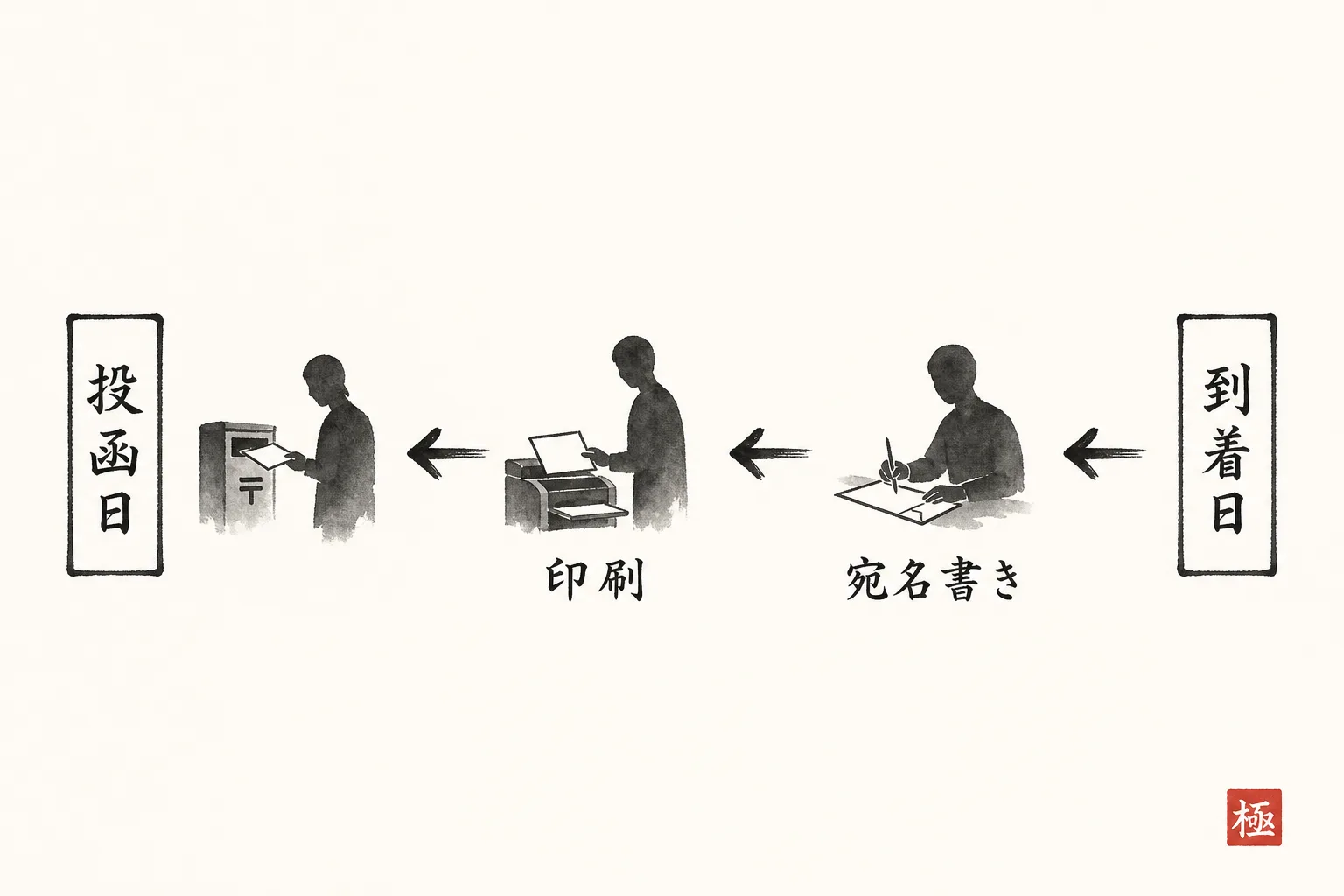 到着希望日から逆算して投函日を決める手順を示すタイムライン図