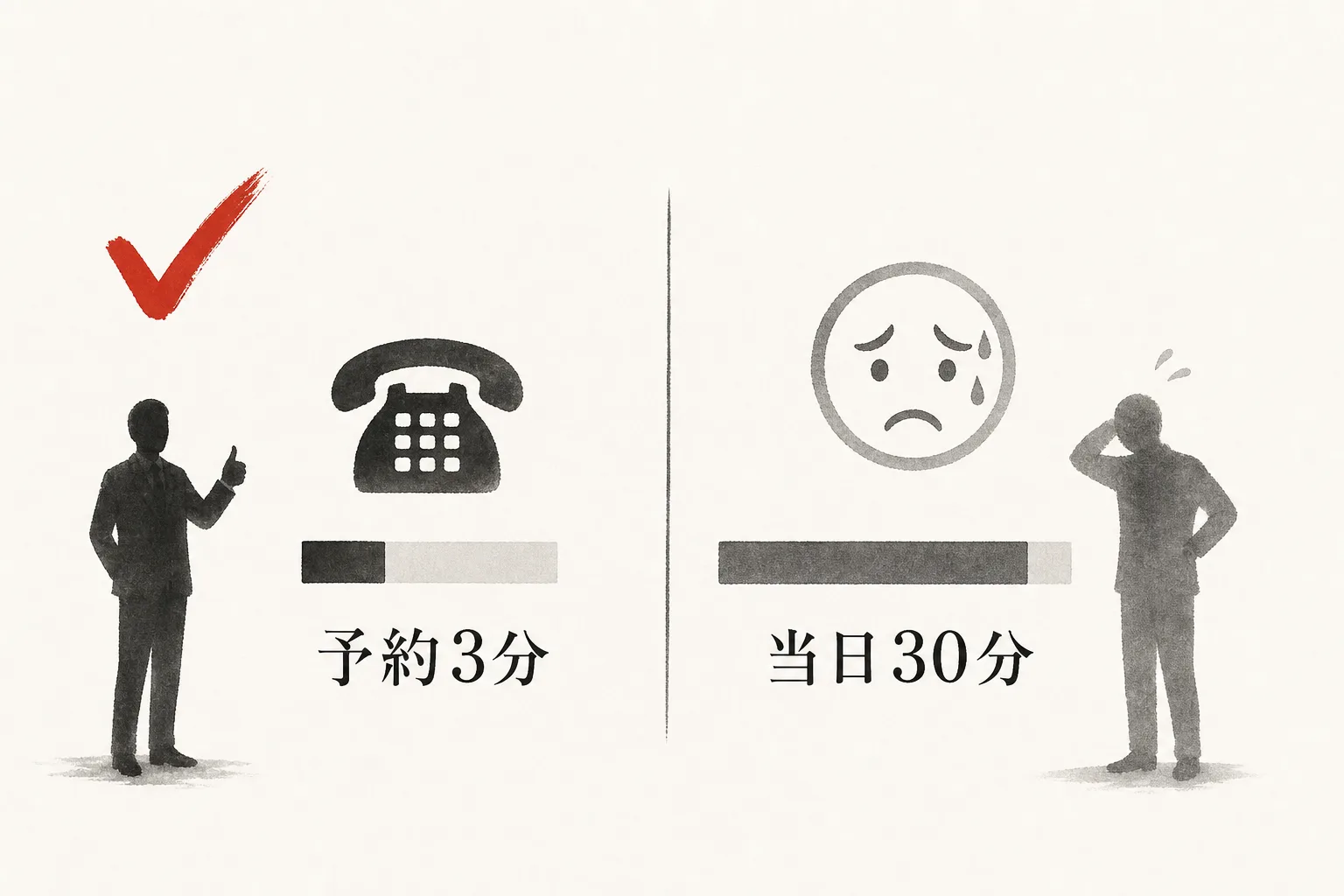 予約の3分が当日の30分の緊張を減らすことを示す対比図